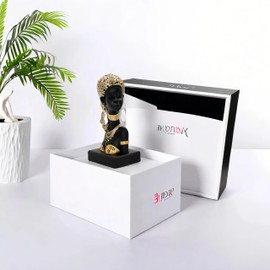 Dwelloria African Woman Resin Bust Sculpture with Crystal Earrings – Tribal Lady Figurine in Gold Headdress for Home Decor, Black and Gold Accent Statue for Shelf, Table, Office, Gift for Women