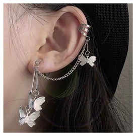 Inilbran Boho Butterfly Tassel Chain Cuff Earrings Silver Butterfly Cartilage Chain Earring Vintage Butterfly Chain Crawler Earrings Sparkly Cz Crystal Cartilage Wrap Earring Jewelry for Women