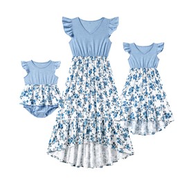 Focamia Family Matching Light Blue V Neck Flutter-Sleeve Splicing Floral Print Irregular Hem Dresses for Mom and Girl (18 Months, Light Blue2)