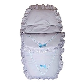 Chic White Polycotton Baby Foot Muffs with Blue Lace Ribbons - Cozy Elegance for All Seasons, Ideal for Strollers, Prams, and Buggies