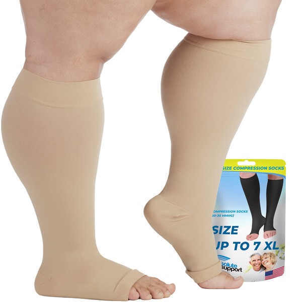 Plus Size Opaque Compression Knee High for Men and Women 20-30mmHg - Toeless Compression Socks for Circulation Sports, Running, Flight, Airplane - Open Toe - Beige, 6X-Large - A511BE9