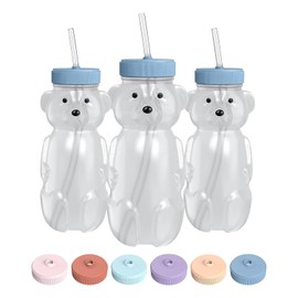 The 730 Project Oso Miel taza con pajita para bebés, taza Oso Miel de 8 oz con tapa, juego de 3 pajitas de terapia de aprendizaje Oso Miel, juego de biberones para bebé, Tarta de Arándano AZUL