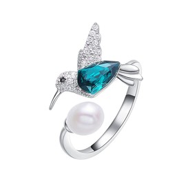 Mayfer | Anillo Ajustable para Mujer Decorado con un Colibri y Cristal Austriaco Color Verde