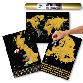 Global Walkabout Scratch Off World, Europe and UK Map with Flags background - Deluxe Travel Size World, Europe and UK Map Poster - Countries and Facts - Travel Gift (Black)