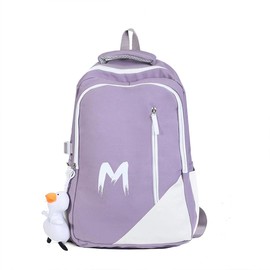 Fashion Backpack with Letter M Design, School Supplies Aesthetic Book Bag with Plush Duck Pendant Trendy Preppy Daypack (Purple)