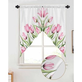 Pink Tulip Curtains Swag Valances Watercolor Pink Tulips Spring Plants Flowers Rod Pocket Kitchen Curtains Window Valances Spring Swag Curtains for Bathroom Over Sink Basement, 1 Pair, 28"W x 36"L