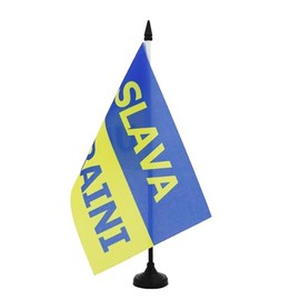 AZ FLAG - Ukraine Slava Ukraini Table Flag 21 x 14 cm - Small Ukrainian Flag for Desk, 100% Polyester with 25 cm Pole and Black Plastic Base