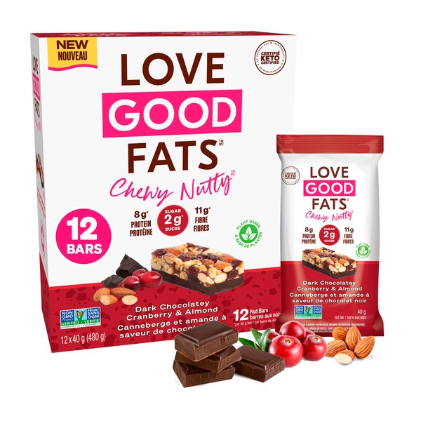 Love Good Fats Plant-Based Keto Protein Snack Bars - Chewy Nutty Dark Chocolate Cranberry and Almond - 12g Good Fats, 8g Protein, 5g Net Carbs, 2g Sugar, Gluten-Free, Non GMO - Dark Chocolatey Cranberry & Almond, 12 Pack