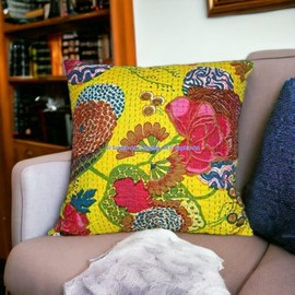 Chic Decorative Cover Bohemian Hippie Sofa Pillow Case Fruit Handmade Cushion Kantha Cotton Throw Boho Pillow Covers (Lemon, 24" x 24")
