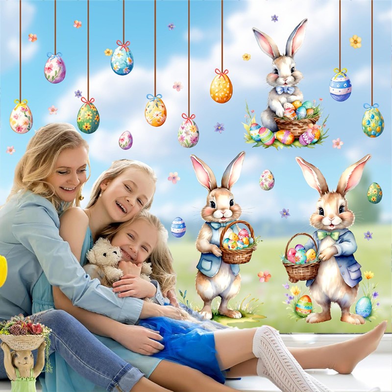 Easter Window Decoration Clings Double-Sided Cute Bunny Decals Home Indoor