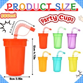VITEVER Pack of 6 Children's Party Cups, Plastic Cups, Drinking Cup Set with Lid Straw, Iced Coffee, Cold Drinking, Smoothie Juice (380 ml)