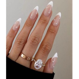 White French Press on Nails Medium, Almond Fake Nails with Pearls Designs Nude Translucent Nails Press ons Glossy False Nails Simple & Natural Stick on Nails for Women 24 Pcs