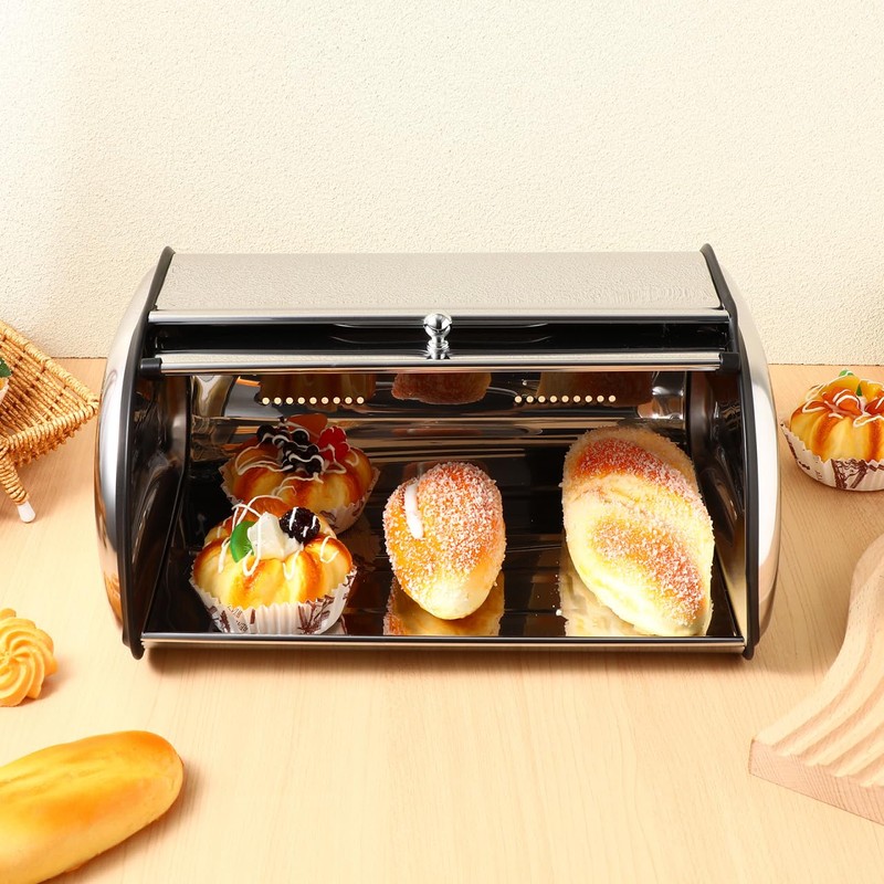 PRETYZOOM Stainless Steel Bread Storage Box Large Capacity Roll Top