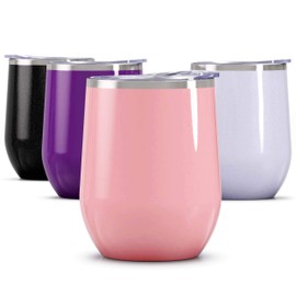 Maars Bev Stainless Steel Stemless Wine Glass Tumbler with Lid, Vacuum Insulated 12 oz Cup | Spill Proof, Travel Friendly, Fun Cocktail Drinkware - Carnation Pink