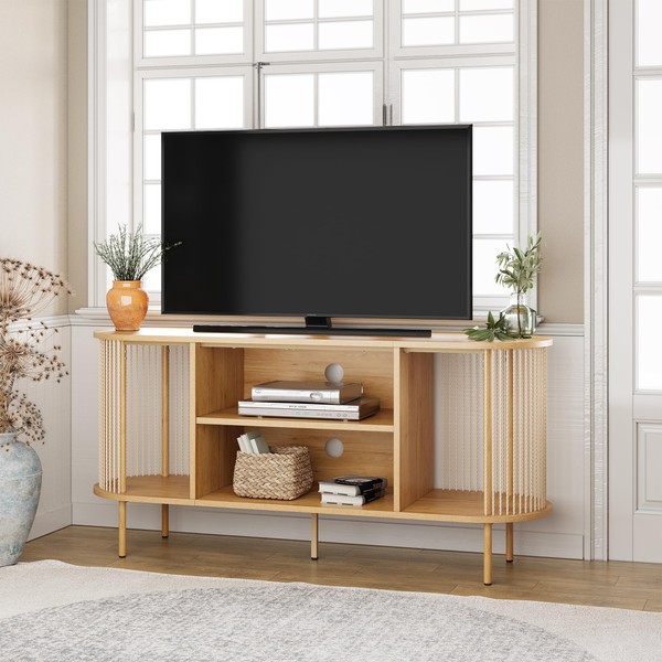 Brafab Oval Boho TV Console with Hand-Woven Ropes, Mid-Century Modern