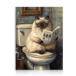 Dazzlewall Funny Animal Wall Picture for the Bathroom Cute Cat Reads the Newspaper on the Toilet Humour Animals Wall Decoration Picture for the Toilet Bathroom 12 x 16 Inches Unframed
