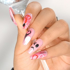 Sethexy Pink Long Coffin Nails Press On Handmade Painted Acrylic False Nails Funny Shiny False Nails for Women and Girls 20 Pieces (X)