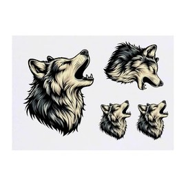 4 x 'Howling Wolf Portrait' Temporary Tattoos - Water Resistant, Skin-Safe, Non-Toxic Transfers, Mixed Sizes (TO00076342)