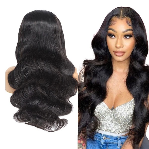 YesJYas Lace Front Wig, Human Hair Wig, 4x4 Lace Closure Wig, Body Wave, Brazilian Virgin Human Hair Wig for Black Women, 1B Colour HD Lace Wig, Human Hair, 22 Inches (56 cm)
