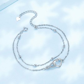 Arrebol Anklet Women's 925 Silver Anklet for Women Double Chain with Ball Beads - Adjustable [22 + 4 cm], Silver, Cubic Zirconia