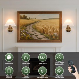 Rechargeable Battery Operated Wall Sconces Set of 2 Brushed Brass Wall Lights with Remote Dimmable Pleated Shades Wall Lamp 15 Colors Wireless Bathroom Vanity Light for Bedroom Living Room Hallway