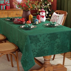 SASTYBALE Christmas Tablecloth Rectangle, Green Poinsettia Jacquard Tablecloths 52 x 70 Inch Spillproof Wrinkle Free Damask Fabric Table Cover for Winter, Xmas & New Year Gathering Decor