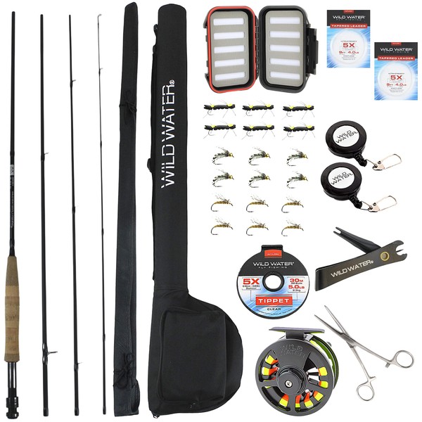 Wild Water Deluxe Fly Fishing Combo Starter Kit, 5 or 6 Weight 9 Foot Fly Rod, 4-Piece Graphite Rod with Cork Handle, Accessories, Die Cast Aluminum Reel, Carrying Case, Fly Box Case & Fishing Flies
