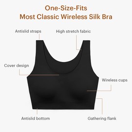 LilySilk Women's Wireless Silk Bra Classic Invisible Embrace Comfort Seamless Bra One Size,Black
