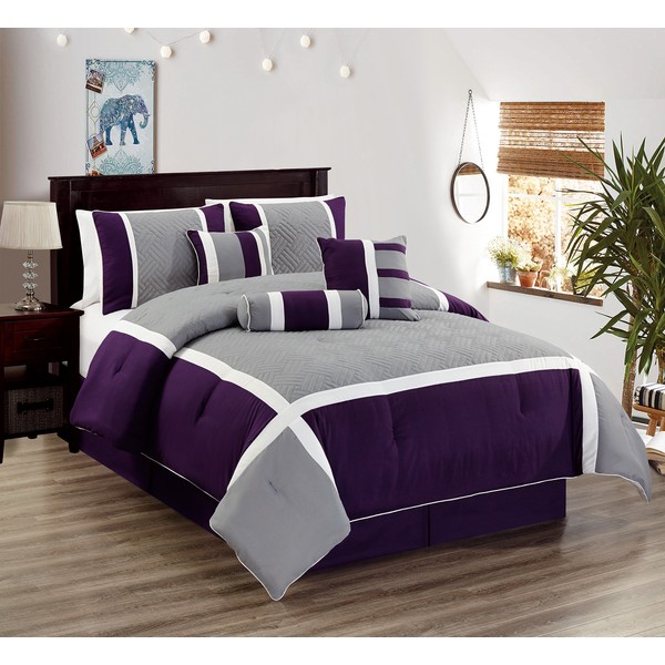 All American Collection New 7 Piece Embroidered Over-sized Luxury Comforter Set (King, Purple/Grey)