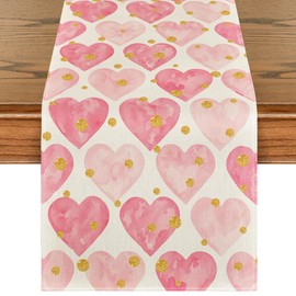 Artoid Mode Golden Pink Love Valentine's Day Table Runner, Seasonal Anniversary Kitchen Dining Table Decoration for Home Party 13x108 Inch