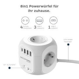 RealPower Mehrfachsteckdose mit USB, 4Fach Stecker mit 3 USB und 1 USB C, Cube Steckdosenleiste, 15 Watt Ladegerät mit Überspannungsschutz und Schalter. Für Zuhause und Büro, 1.8m Kabel - Weiß