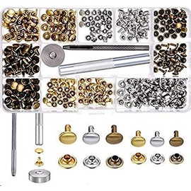 LAKII 180 Set 2 Sizes Leather Rivets Double Head Rivets Steel Tube Metal Rivets with 3 Tools for DIY Leather Crafting, Rivet Replacement, 3 Colors Gold, Silver and Bronze