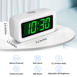 LED Clock, Alarm Clock for Kids, 1.2inch Green LED Digital Clock, Adjustable LED Brightness, 12Hr/24Hr, Cordless, Desk Clock, Bedroom Clock, Bathroom Clock, Table Clock, Ideal for Gifts