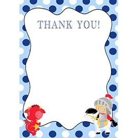 30 Thank You Cards Blue White Polka Dots Red Dragon Knight Design Baby Shower Birthday Party + 30 White Envelopes