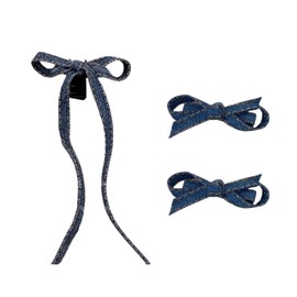 3 PCs Denim Blue Hair Bows for Women Girls Cute Barrettes Claw Clip with Long Tail Bow Knot Alligator Clips Ponytail Holder Hair Accessories for Birthday Xmas Gifts