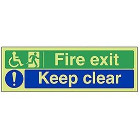 V Safety Glow In The Dark Wheel Chair Fire Exit/Keep Clear Sign - 300mm x 100mm - Rigid Plastic