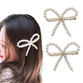 2Pcs Pearl Bow Hair Clips White Pearl Bow Hair Barrette Faux Pearl Hairpin Bow Hair Styling Accessories for Women Girls Wedding Birthday