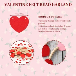 Valentines Day Decor, Red Pink Felt Heart Wooden Bead Garland for Tiered Tray Hanging Felt Banner for Home Farmhouse Office Wall Fireplace Mantel Shelf Proposal Wedding Party Decor, 50", Red Heart
