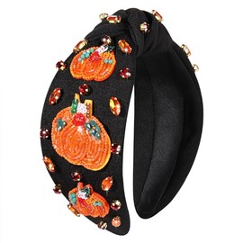 boderier Thanksgiving Headband Beaded Pumpkin Knotted Headband for Women Fall Holiday Hairband Hair Accessories (Pumpkin-Black Headhand)