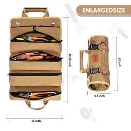 Roll Up Tool Bag, Heavy Duty Tool Organizer Bag, Portable Tools Bag with 6 Tool Pouches for Mechanics, Electricians, DIY Projects, Gifts for Men Dad Husband (Khaki)