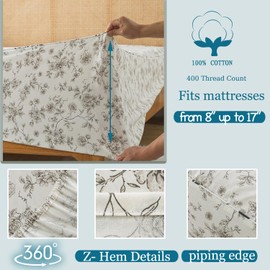 Zusbest California King Tan Floral Sheets 100% Cotton Beige Patterned Bed Sheet Set Vintage Peony Flower Toile Printed Bedding Soft Breathable Crisp Percale Sheets Deep Pocket 17.5'', 4 Pcs