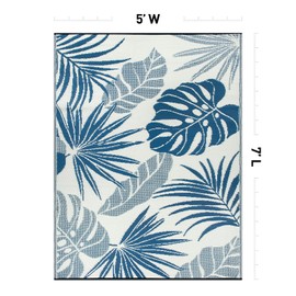 Rugshop Tropical Floral Leaf Reversible Crease-Free Waterproof Premium Recycled Plastic Outdoor Rugs for Patio,Backyard,RV,Deck,Picnic,Trailer,Beach,Camping,Sunroom Navy/Blue 5' x 7'