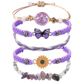 HEYu String beads Charm Bracelets set exquisite Cute Cartoon Daisy Butterfly Flower Beads Bracelets for woman and Adjustable bracelet jewelry birthday Gift For Friends (Purple set)