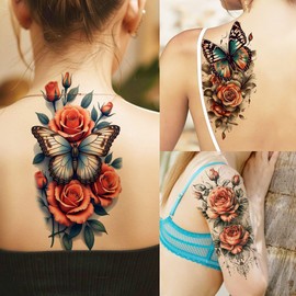 69 Blatt Bunt 3D Rosen Blüten Temporäre Tattoos Damen Frauen Mädchen Klebetattoos Erwachsene, Realistisch Pfingstrosen Blumen Fake Tattoo Aufkleber Traumfänger, Aquarell Tattoo Schmetterling Tiger