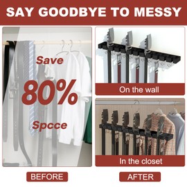 Cuipingoo Belt Hanger for Closet Max 42 Belts, 2-in-1 Wall Mount Belt Organizer with 360° Rotating Hooks, Wooden Tie and Belt Rack for Closet Accessories Organizers and Storage, Black