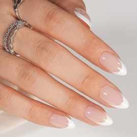 Press On Nails Almond, French Tip Press On Nails Short, Reusable Glue On Nails, Gel Fake Nails for Women, Stick On Nails Kit 15 Sizes (B)