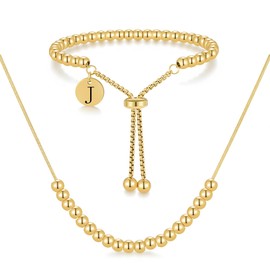 HXNIBATSAR Stainless Steel Gold & Silver Jewelry Set,Snake Chain Necklace Women Adjustable Initial Bracelet Bead Bracelets for Her (Gold, J)