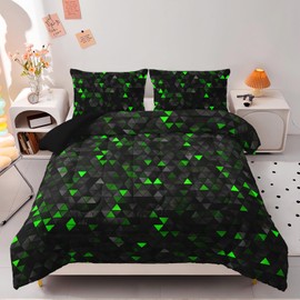 Nttopship Geometric Green Black Comforter Set,Triangle Honeycomb 3 PCS Bedding Set Full Size for Teen Adult,Modern Quilt Set Geometry Decor,Microfiber Lightweight 1 Comforter 2 Pillowcases