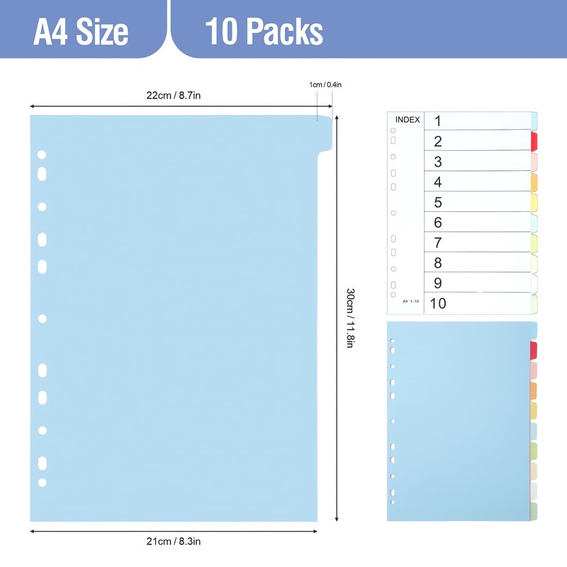 File Dividers A4, 10 Pack 10 Part Folder Dividers Coloured