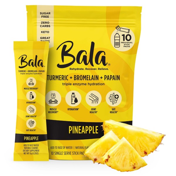 BALA Hydration Turmeric Drink Mix Packet|Sugar Free Electrolyte Powder, Muscle Recovery, Immune Support, Joint Relief|Zero Sugar, Plant-Based Enzymes, Bromelain, Papain, Curcumin(Pineapple 10 Pack)